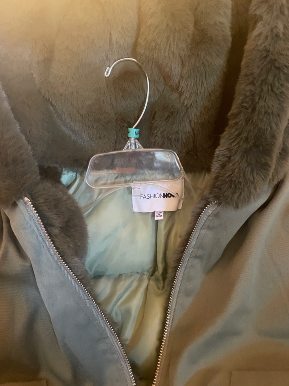 Fashion Nova Light Olive Green Faux Fur Trim Puffer Coat